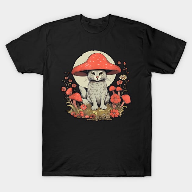 Funny Cute Cottagecore Aesthetic Cat with Mushroom Hat fairycore T-Shirt by masterpiecesai